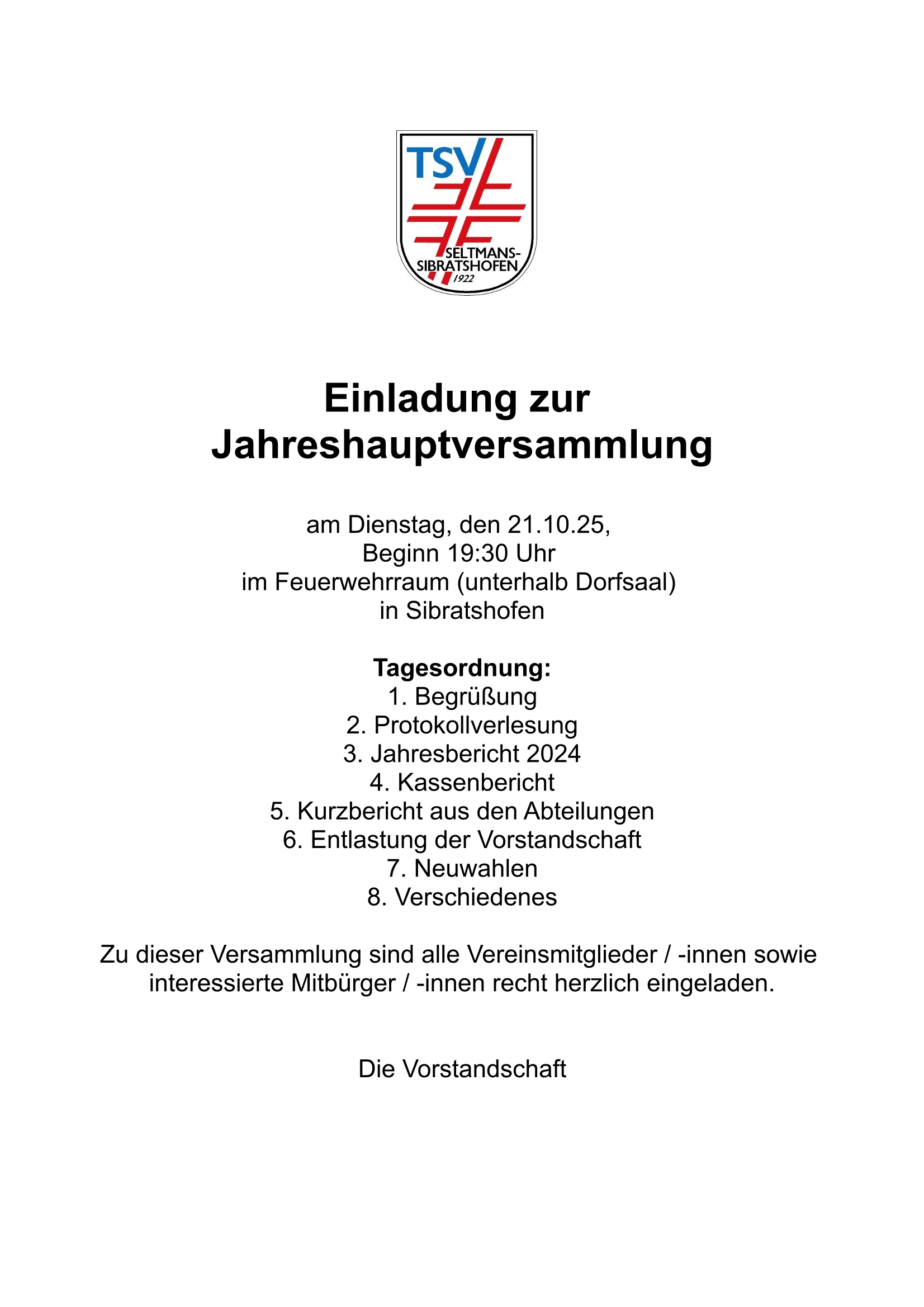 Einladung zur Jahreshauptversammlung